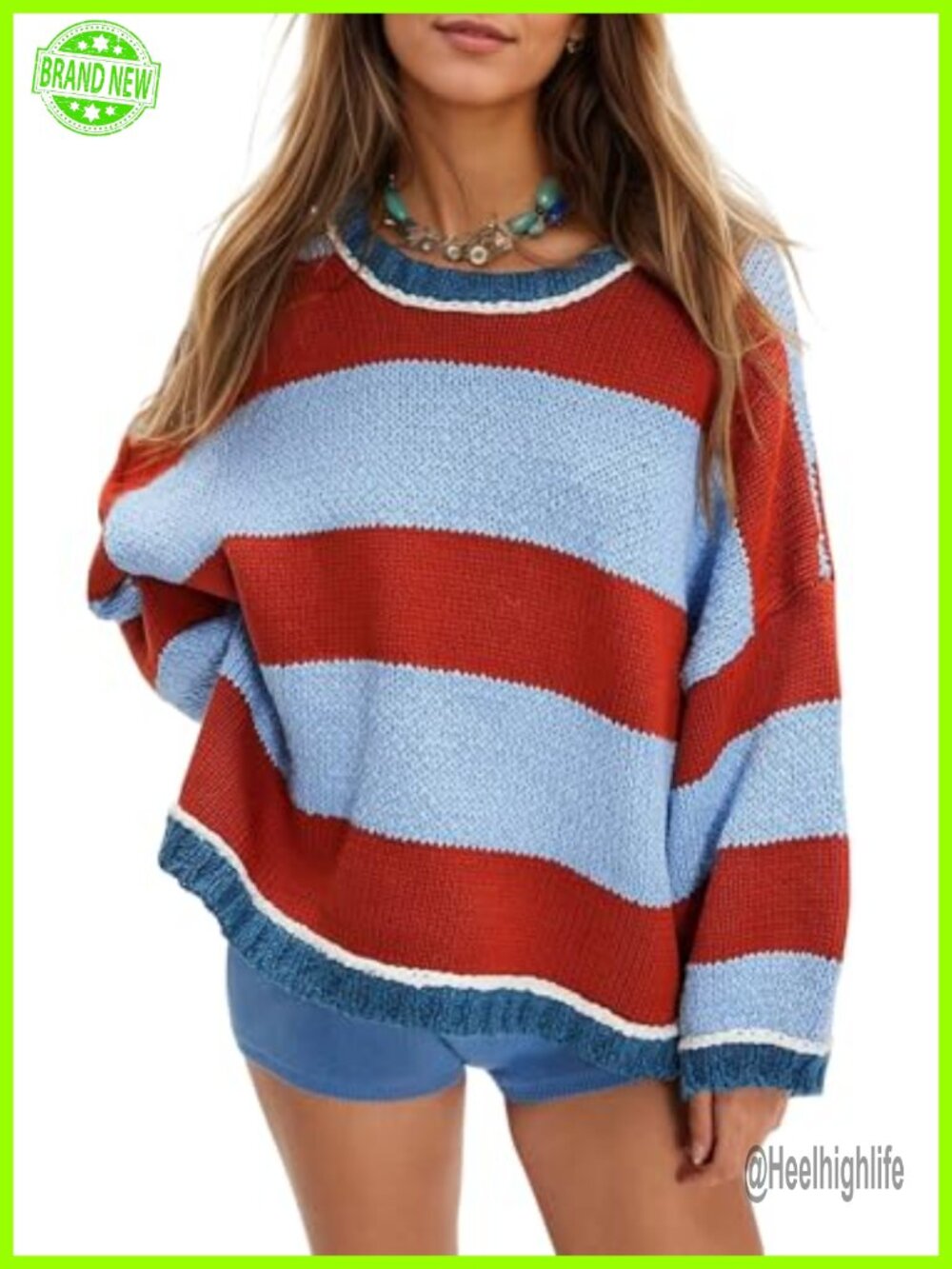 Womens Oversized Striped Sweater Chunky Knit Crewneck Fall Pullover